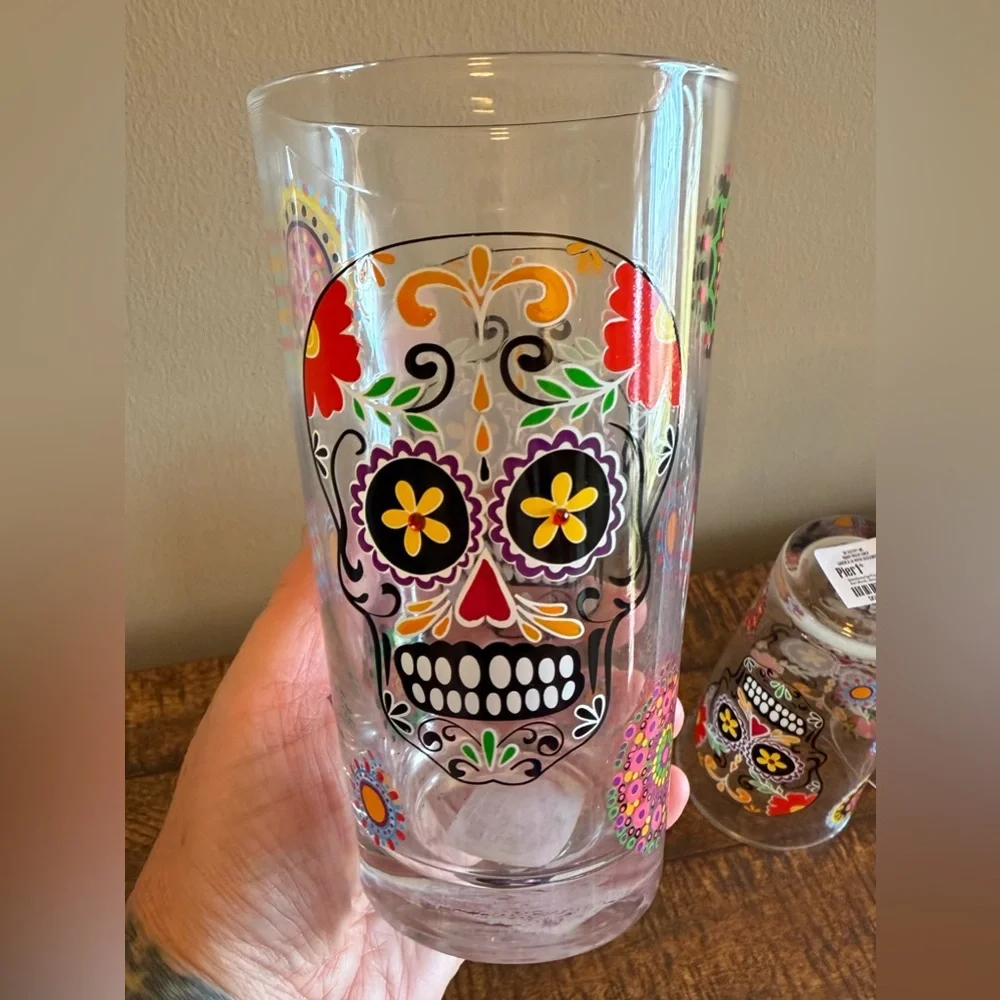 RARE NWT Pier One Sugar Skull Dias de Los Muertos/ Day of the Dead Glasses